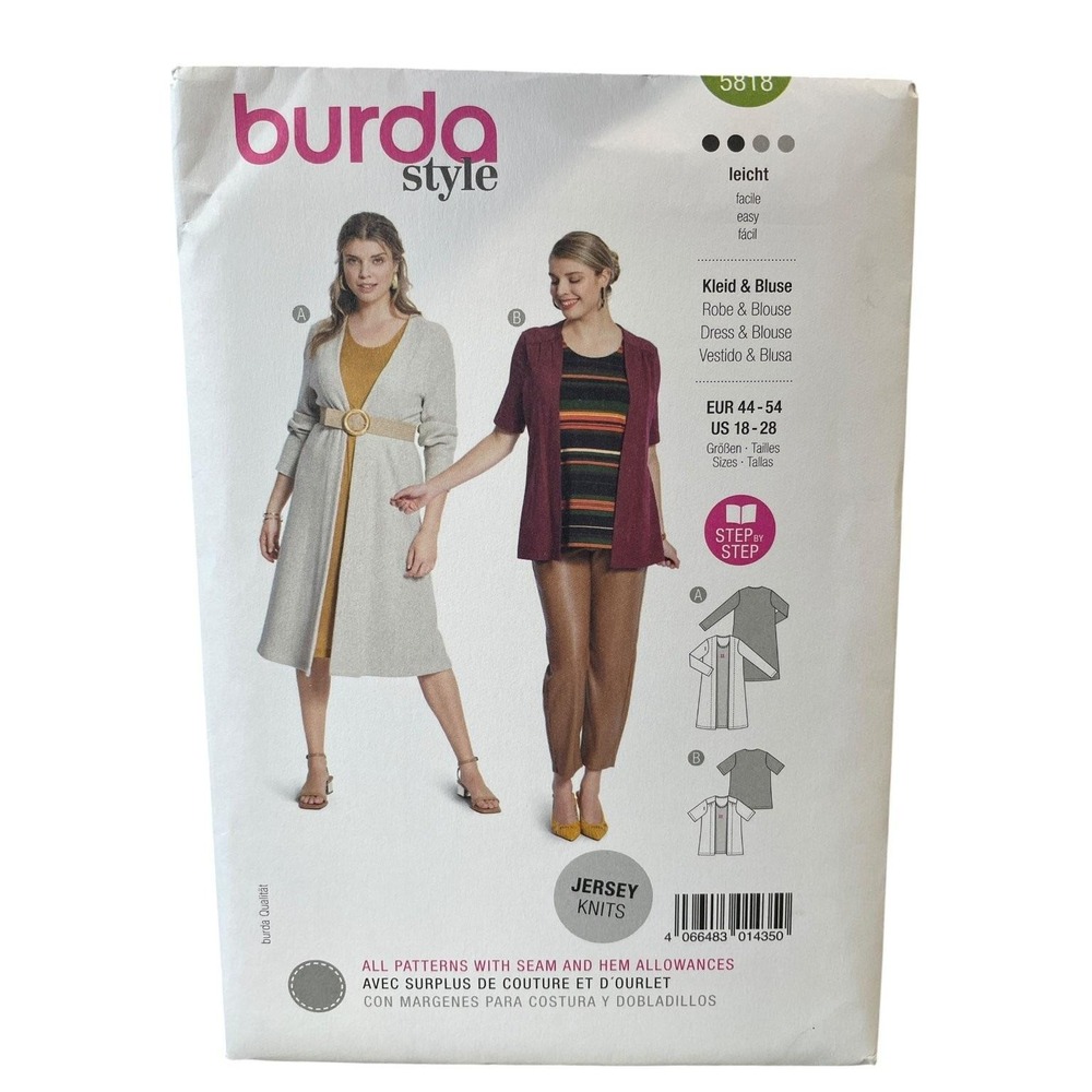 Burda Style Sewing Pattern 5818 Women US 18-28 White Jersey Dress Blouse Uncut